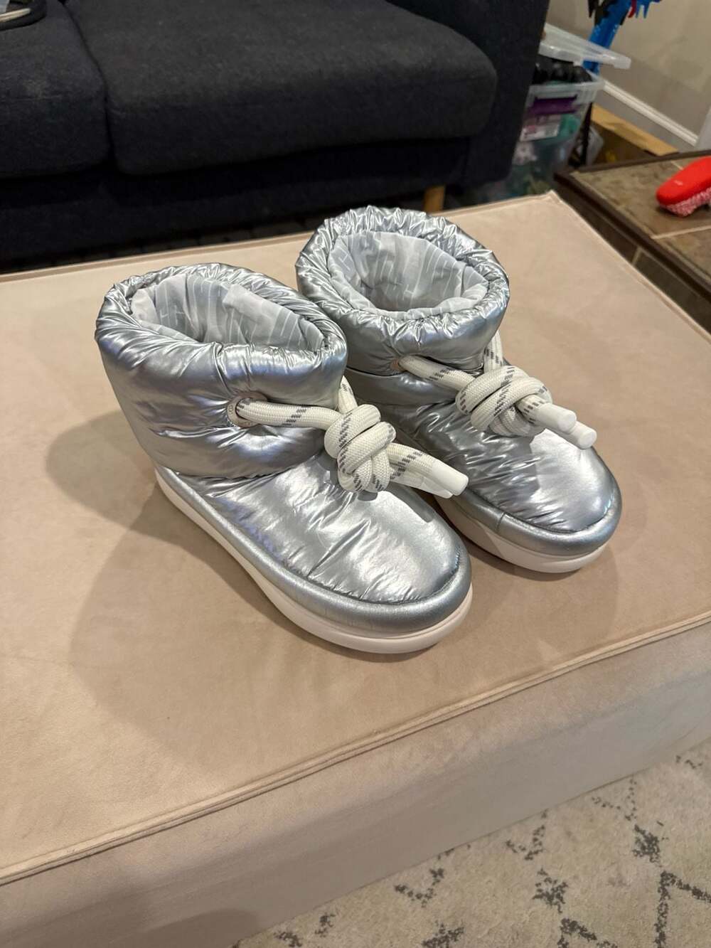 UGG Classic Maxi Mini Silver Metallic Puffer Boots